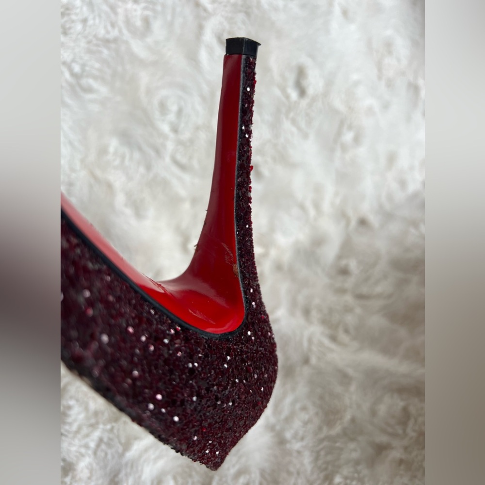 Christian Louboutin Very Prive 120 Burgundy Glitter Peep Toe Heels Size 38 US 8 - Picture 11 of 17